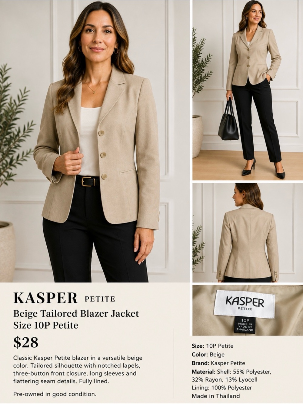 Kasper Petite Beige Tailored Blazer Jacket Size 10P Three Button